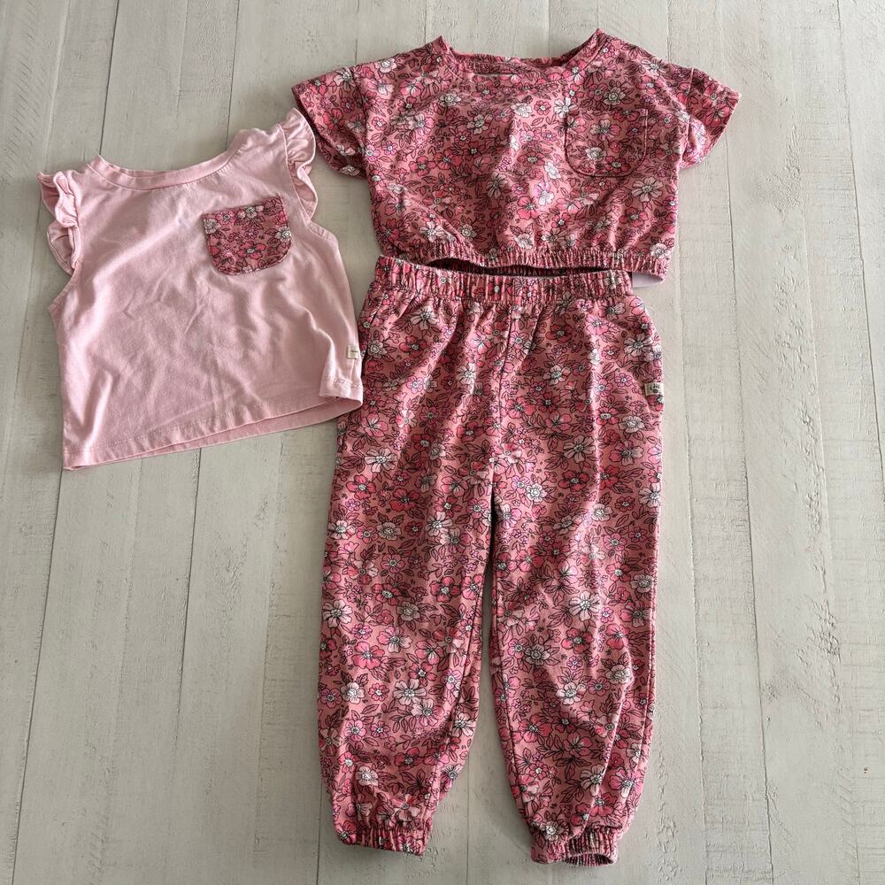 BEARPAW Three Piece Set Pink and Cream MOD Floral Size 2T EUC Cottage Boho